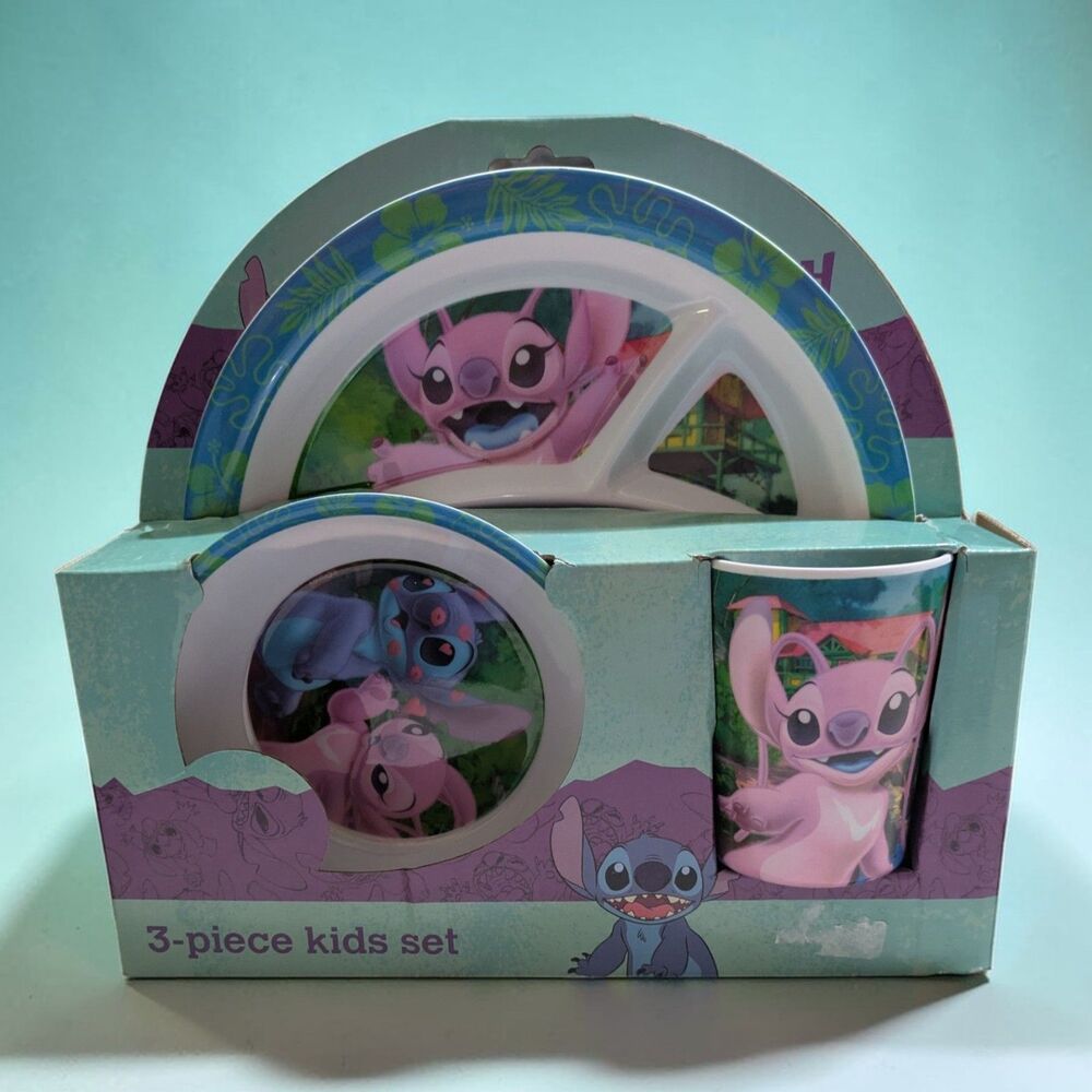 Disney Stitch 3 Piece Kids Dinner Set Plate Bowl Cup Pink Stitch Lilo And Stitch - Picture 3 of 3
